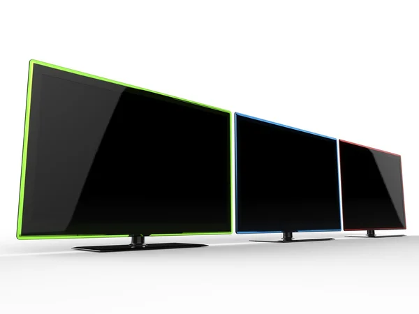 Červené, modré a zelené televizory - boční pohled — Stock fotografie