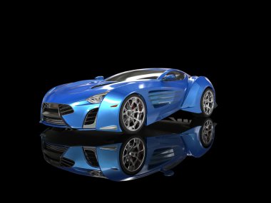 Siyah yansıtıcı zemin üzerine mavi metalik supercar