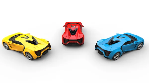 Sportovní vozy - modrá, červená a žlutá - pohled zezadu — Stock fotografie
