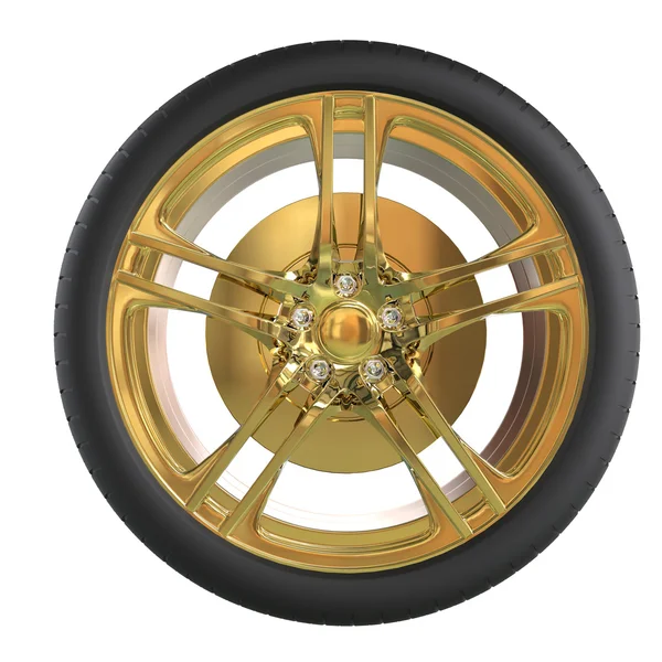 Racing tire with golden rim - front view — Stock Photo, Image