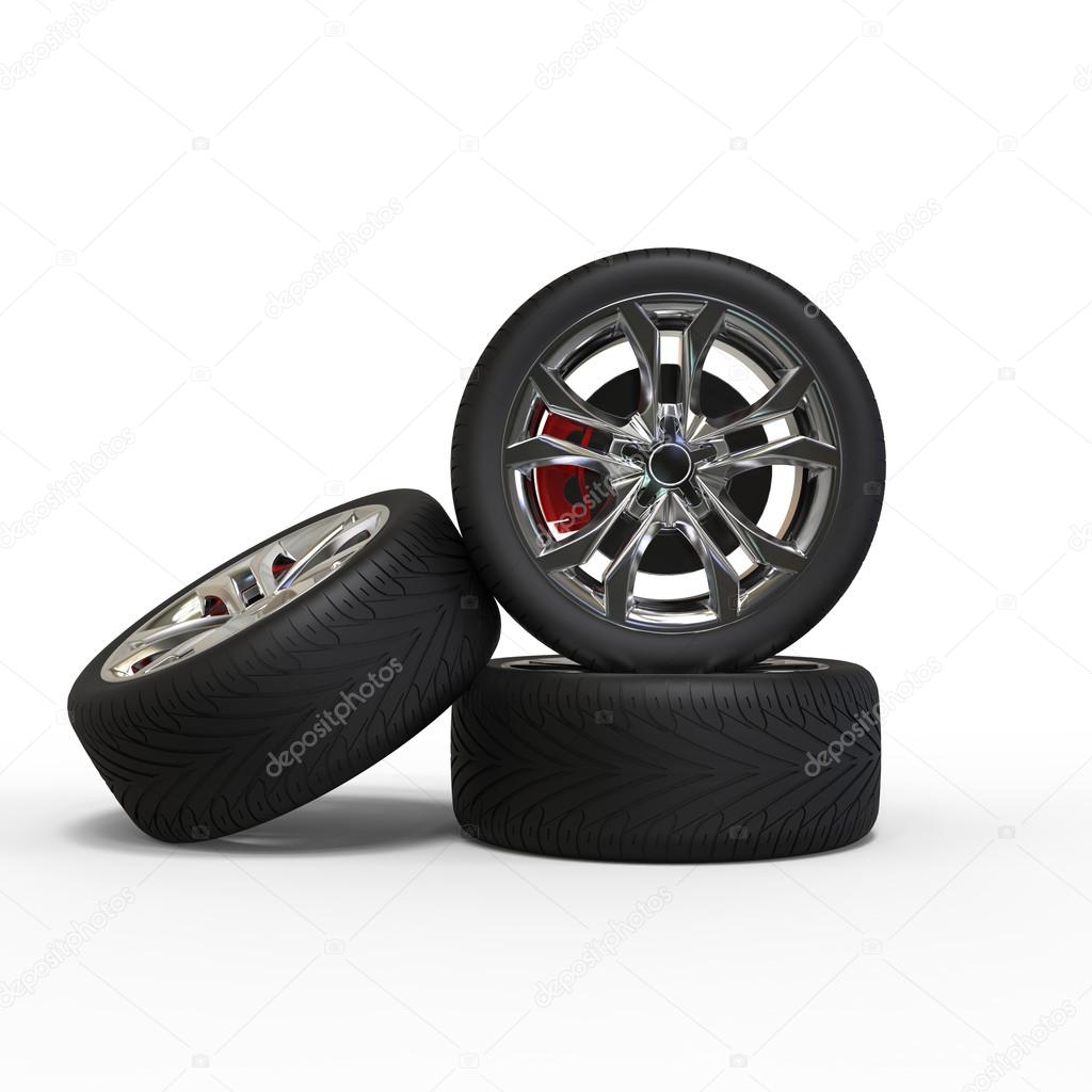 Three racing car wheels