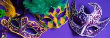 Mardi Gras veya karnaval maskesi mor zemin üzerine