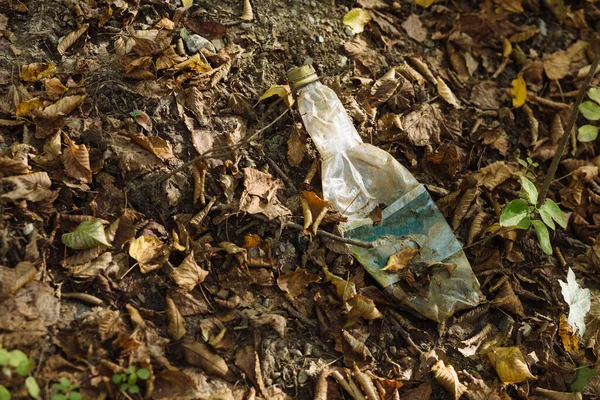 皱巴巴的旧塑料瓶躺在森林的树叶中 环境污染 塑料的回收利用 — 图库照片