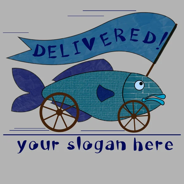 Logo creativo per la consegna del cibo sotto forma di pesce su ruote con bandiera consegnata — Vettoriale Stock