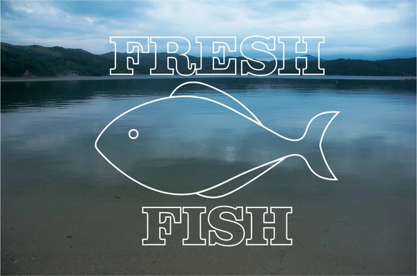 art illustration of fresh fish logo on a background photo of the sea