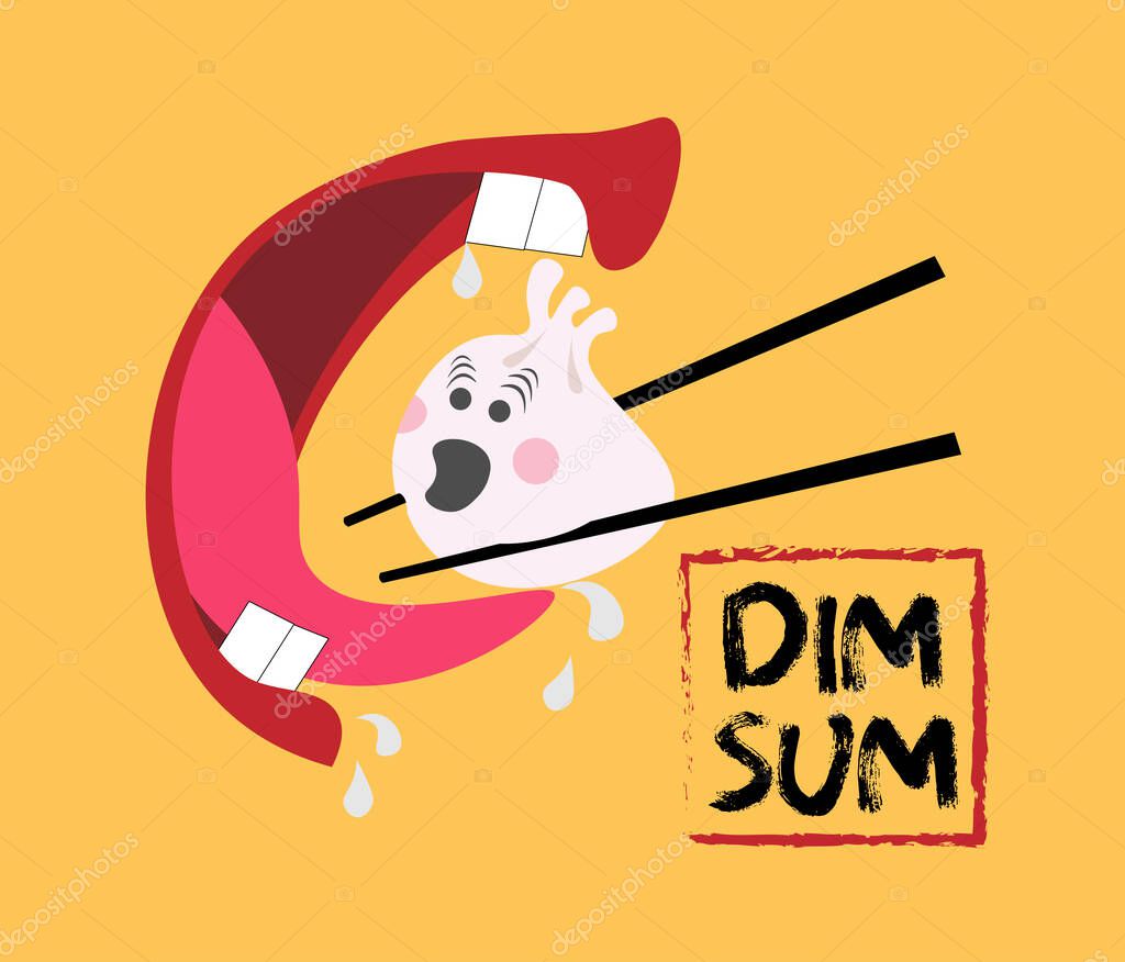 Mouth wants to eat funny dim sum on yellow background