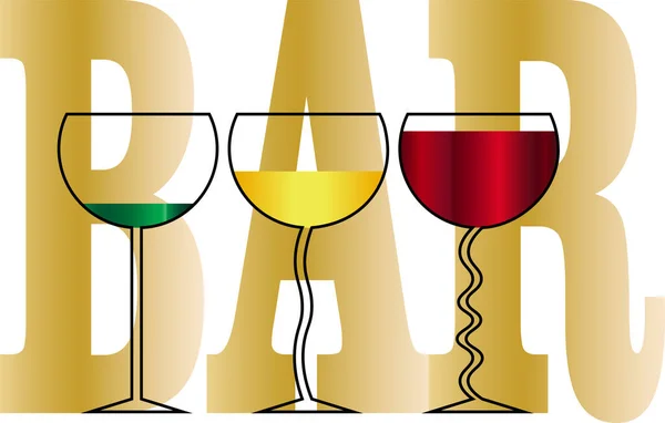 Ποτήρια με ποτά στο παρασκήνιο της επιγραφής bar design business logo — Διανυσματικό Αρχείο