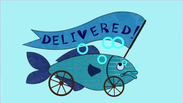 Κινούμενο Λογότυπο Παράδοσης Τροφίμων Ψαριών Τροχούς Σημαία Παραδοθεί — Αρχείο Βίντεο