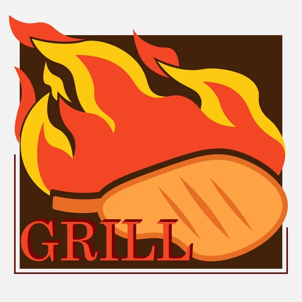 Grillezett hús logó hússal a csonton és a tűzön — Stock Vector