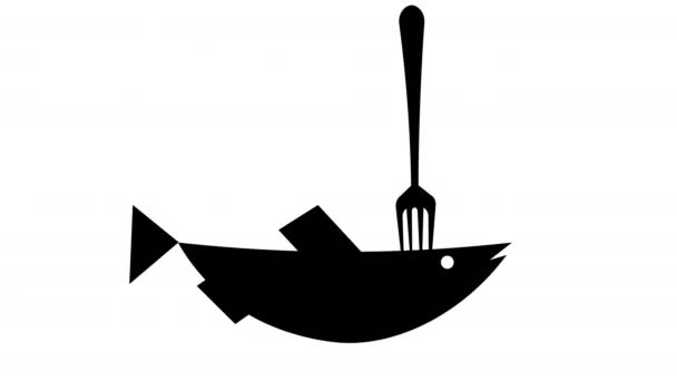 Fischgeschäft Logo Mit Fisch Skelett Gabel Und Messer Animation — Stockvideo