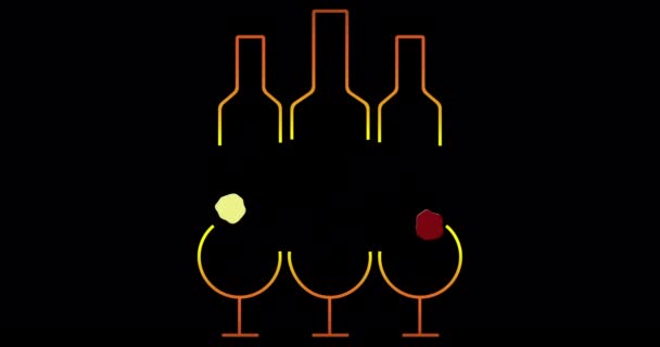 抽象的なガラスとボトルの間を飛行する赤白とバラのワインのアニメーション滴 — ストック動画