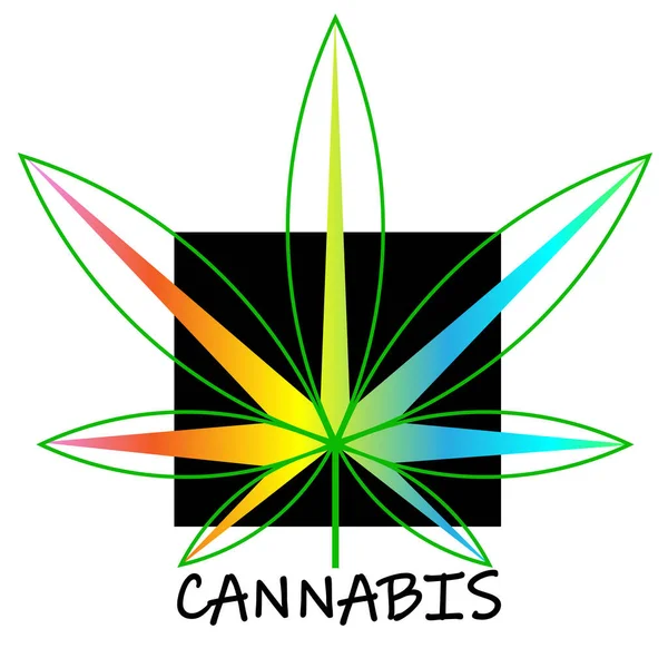 Cannabisblad logo op zwarte vierkante achtergrond met gekleurde elementen — Stockvector