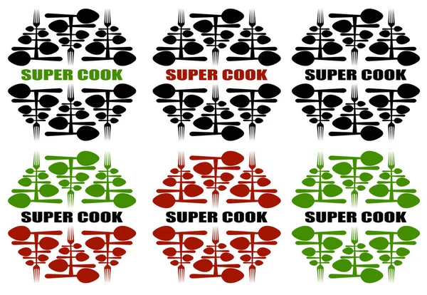 Logo super kuchař z ozdoby lžíce a vidličky s nápisem — Stockový vektor
