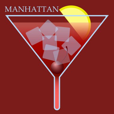 Minimalizm logosu Manhattan kokteyli. Kırmızı tonda ve buzlu limonlu.