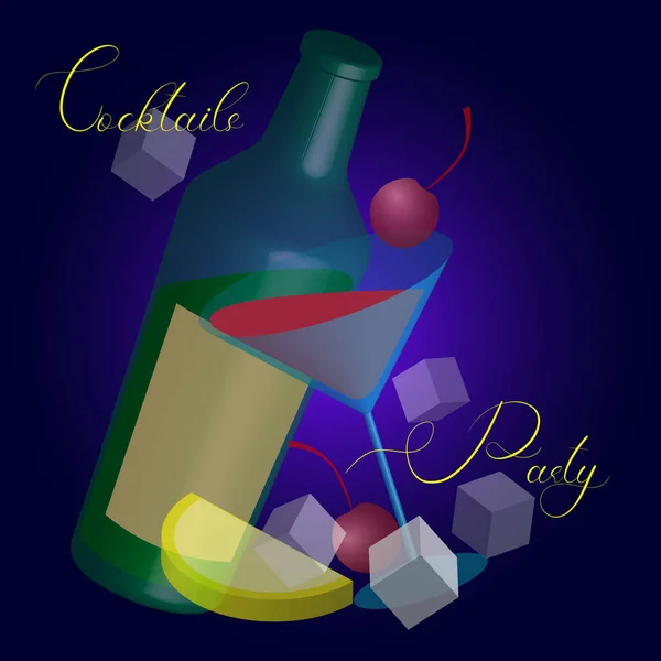 Ilustración de una fiesta de cóctel hecha de botella 3d, vidrio, hielo, cereza y limón — Vector de stock