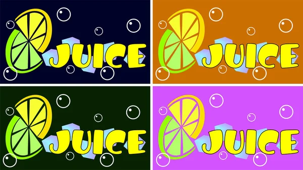 Сок логотипа с лаймом, лимоном, льдом и пузырьками разных цветов — стоковый вектор