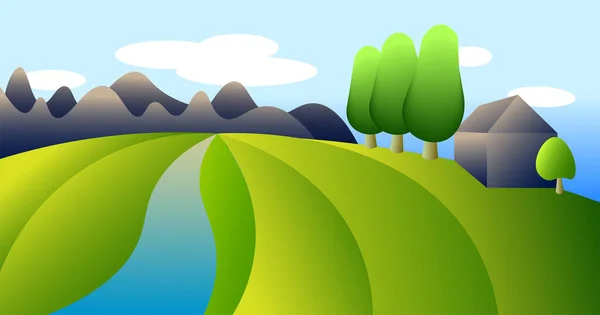 abstract illustration of a summer field, houses, trees and mountains with a river
