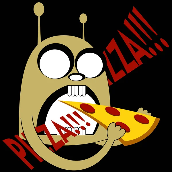 Soyut uzaylı arka planda bir dilim pizza yiyor.