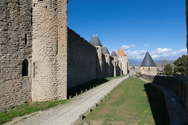 Fästningen väggar i Carcassonne France — Stockfoto