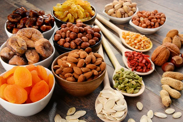 Composition with dried fruits and assorted nuts — Stock Photo, Image