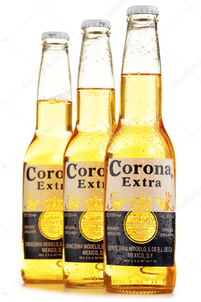 POZNAN, POLAND - APRIL 23, 2016: Corona Extra, one of the top-selling beers worldwide is a pale lager produced by Cerveceria Modelo in Mexico