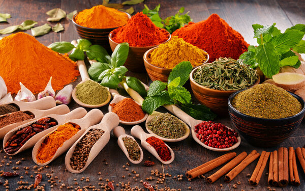 Variety of spices on kitchen table