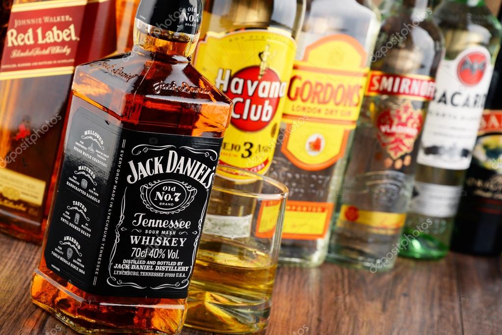Bottles of assorted hard liquor brands Stock Editorial Photo