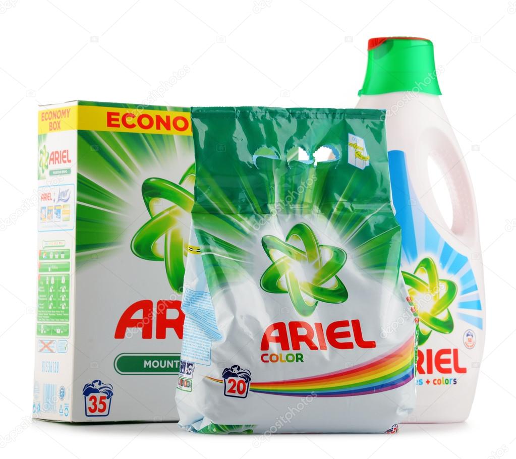 Ariel laundry detergent products isolated on white Stock Editorial