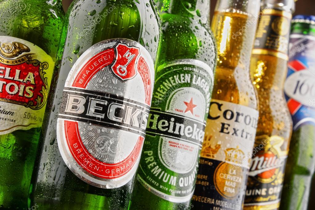 POZNAN, POLAND - JULY 14, 2016: beer is the world's most widely consumed alcoholic beverage; its global market is largely dominated by brands of several multinational corporations