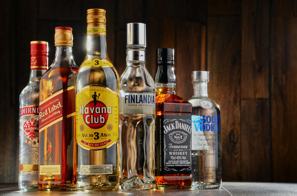 Bottles of assorted hard liquor brands