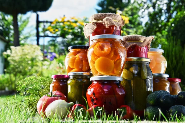 Frascos de verduras en escabeche y frutas en el jardín — Foto de Stock