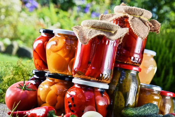 Frascos de legumes em conserva e frutas no jardim — Fotografia de Stock