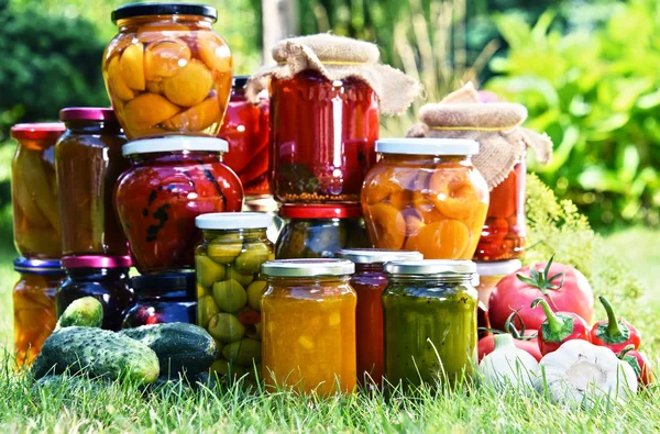 Burkar med inlagda grönsaker och frukter i trädgården — Stockfoto