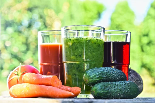 Glazen met verse biologische detox sappen in de tuin — Stockfoto