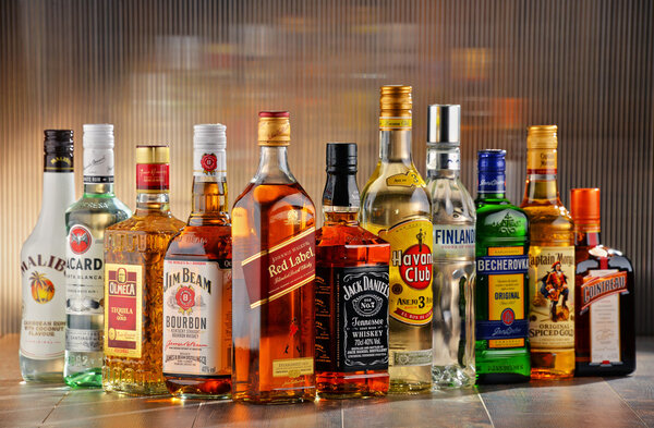 Bottles of assorted hard liquor brands