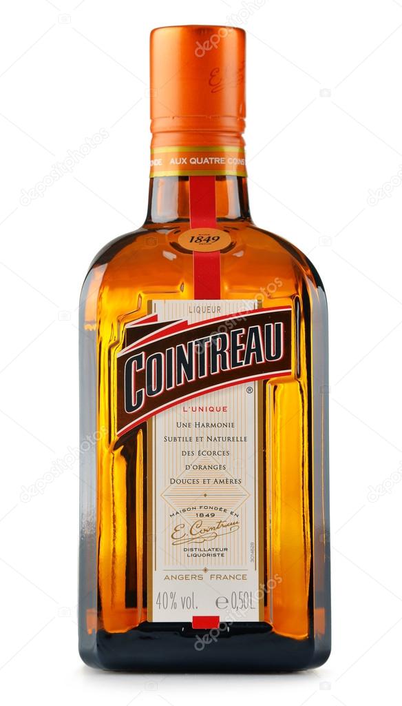 POZNAN, POLAND - JULY 28, 2016: Great component of several well-known cocktails, Cointreau is a brand of French triple sec (an orange-flavoured liqueur). It is also drunk as an aperitif and digestif