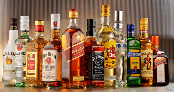 Bottles of assorted hard liquor brands