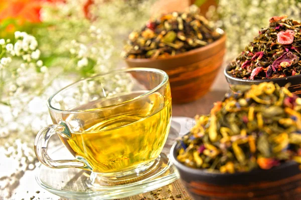 Composition with cup of tea and bowls of tea leaves — Stock Photo, Image