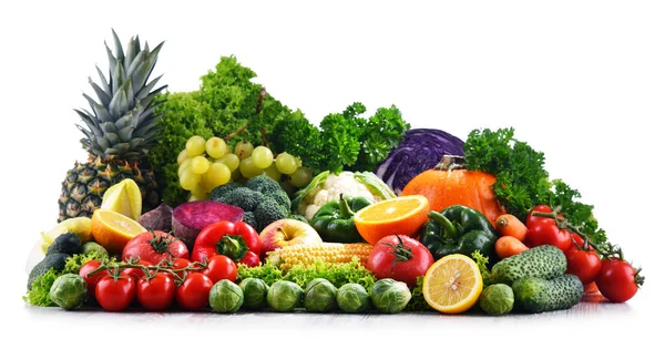 Σύνθεση Ποικιλία Φρέσκων Λαχανικών Και Φρούτων Που Απομονώνονται Λευκό — Φωτογραφία Αρχείου