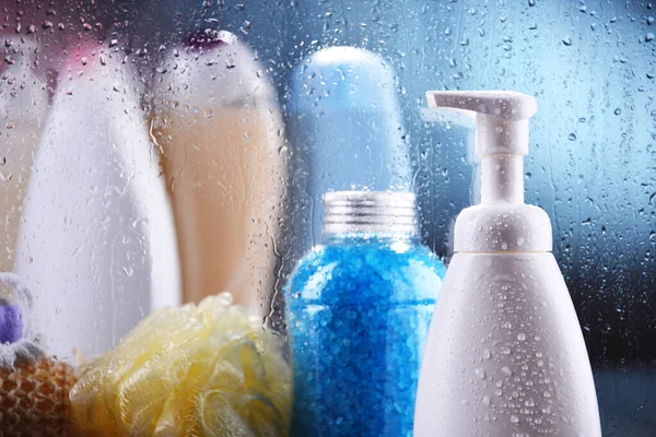 Different Containers Body Care Products Bathroom — Stock Photo, Image