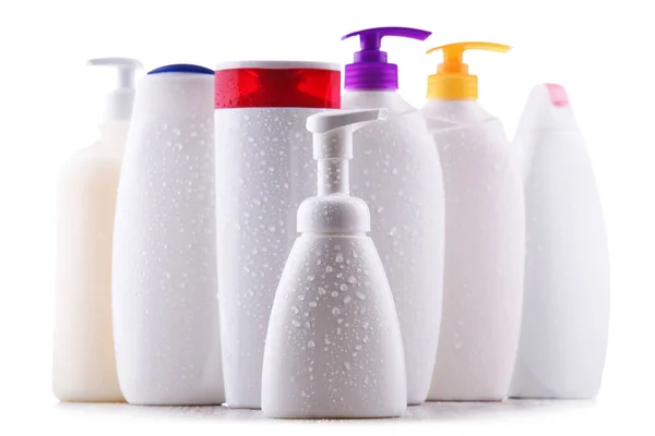 Beyaz Arka Planda Izole Edilmiş Plastik Şampuan Duş Jelleri — Stok fotoğraf