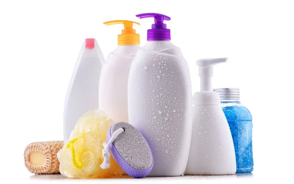 Contaiers Plásticos Shampoos Géis Chuveiro Isolados Fundo Branco — Fotografia de Stock