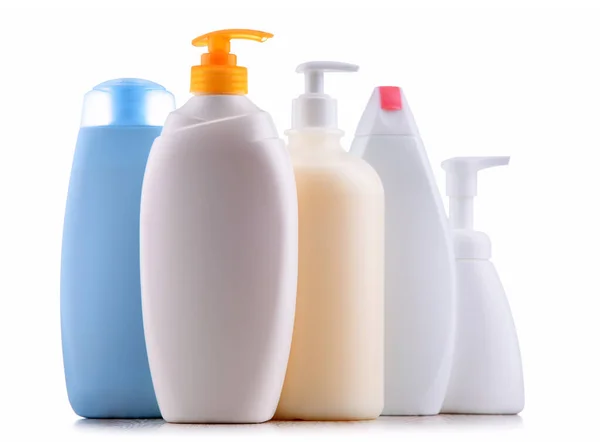 Contaiers Plastica Shampoo Gel Doccia Isolati Sfondo Bianco — Foto Stock