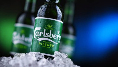 POZNAN, POL - OCT 2, 2020: Carlsberg soluk bira şişeleri, Danimarka 'nın başkenti Kopenhag' da 1847 yılında kurulan Danimarkalı bira şirketi Carlsberg Group tarafından üretiliyor.