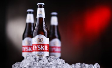 POZNAN, POL - OCT 2, 2020: Polonya 'da en çok satan bira şişeleri, Asahi Bira Fabrikalarının bir yan kuruluşu olan Kompania Piwowarska tarafından üretiliyor