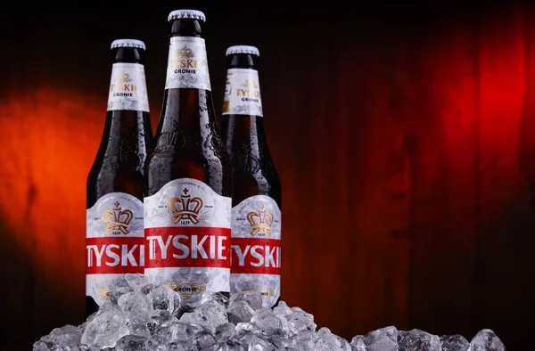 Poznan Pol Oct 2020 Bottles Tyskie Best Selling Brand Beer — стоковое фото