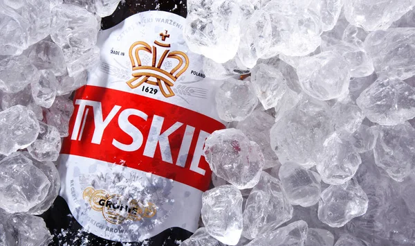 Poznan Pol Oct 2020 Botella Tyskie Marca Cerveza Más Vendida — Foto de Stock