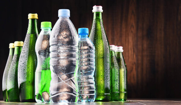 Composition with different sorts of bottles containing mineral water