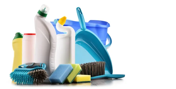 Variety Detergent Bottles Chemical Cleaning Supplies Isolated White — Stock Photo, Image