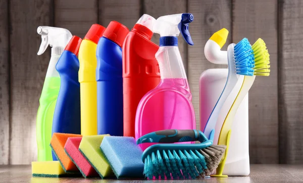 Varietà Bottiglie Detergenti Detergenti Chimici — Foto Stock